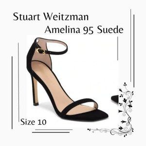Stuart Weitzman Sandals Black Amelina 95 Suede Double Band 3.5" Heels SZ 10